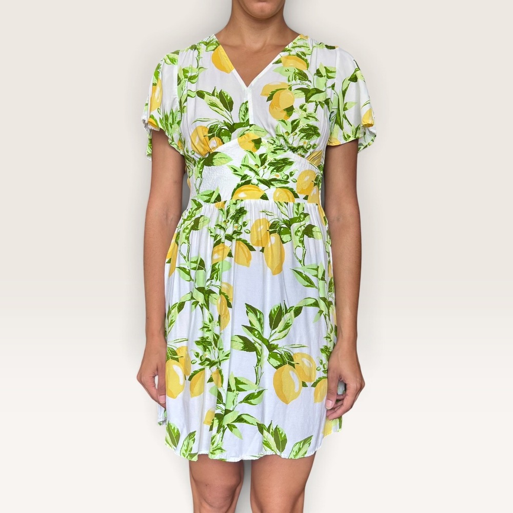 LOFT Petites Lemon Print V-Neck Flutter Sleeve Mini Dress 2P Fruit Print